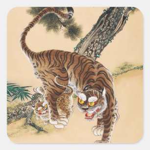 Adesivo Quadrado Minhwa Tigre Feio Coreano 