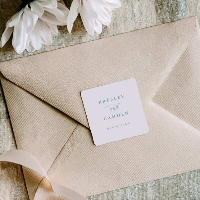 Adesivo Quadrado Minimalist Aqua Wedding Seals Modern Calligraphy (Criador carregado)