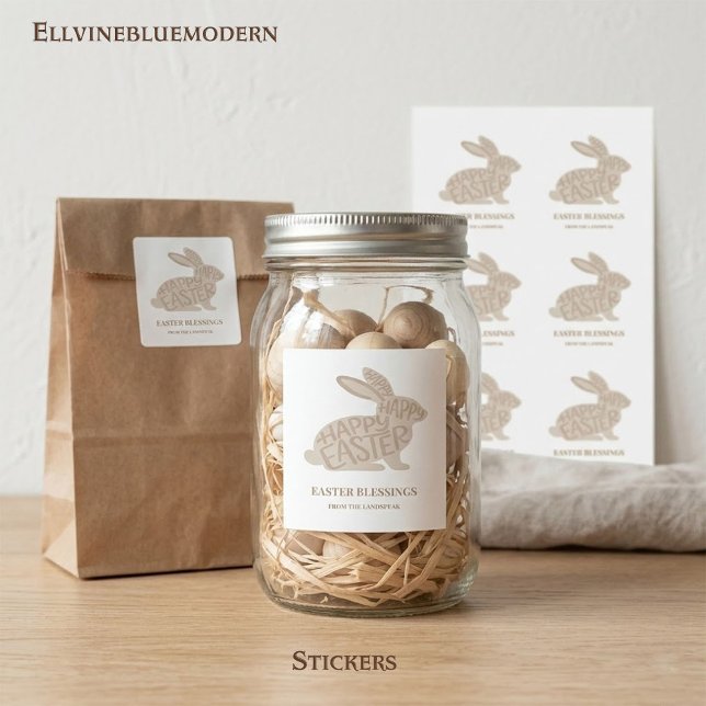 Adesivo Quadrado Minimalist Beige Typography Rabbit Easter (Modern beige word-art rabbit with "Easter Blessings" a neutral, chic accent for any spring decor.)