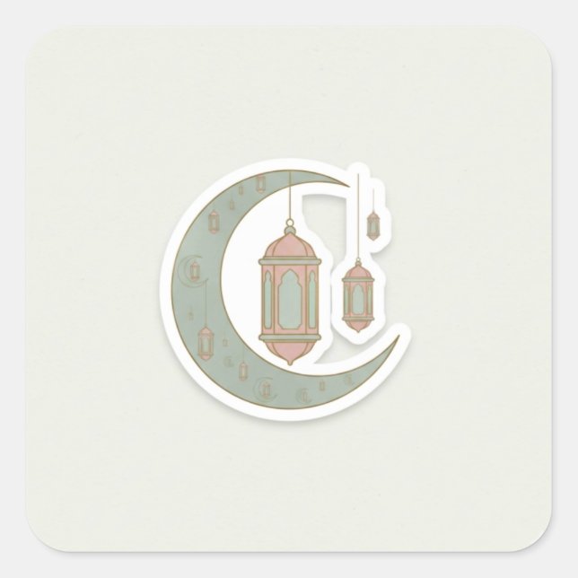 Adesivo Quadrado Minimalist Boho Ramadan Moon & Lantern Sticker (Frente)