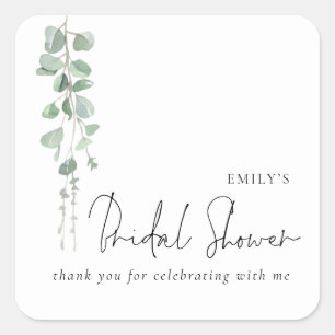 Adesivo Quadrado Minimalista Eucalipto Nome Chuveiro de Noiva Obrig