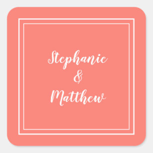 Adesivo Quadrado Mínimo Casamento Moderno Favor do Coral Obrigado