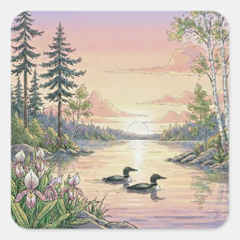 Adesivo Quadrado Minnesota Lake Sunset with Loons, Stickers