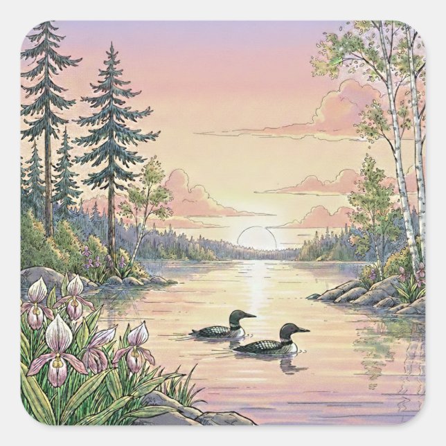 Adesivo Quadrado Minnesota Lake Sunset with Loons, Stickers (Frente)