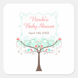 Adesivo Quadrado Mint and Coral Floral Bird Baby Shower 