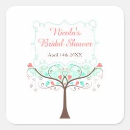 Adesivo Quadrado Mint and Coral Floral Bird Bridal Shower 
