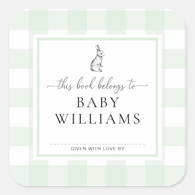 Adesivo Quadrado Mint Green Gingham Bunny Bookplate Sticker (Frente)