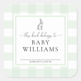 Adesivo Quadrado Mint Green Gingham Bunny Bookplate Sticker