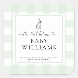 Adesivo Quadrado Mint Green Gingham Bunny Bookplate Sticker