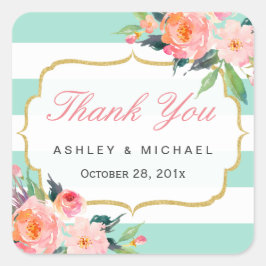 Adesivo Quadrado Mint Green Stripes Watercolor Floral Obrigado