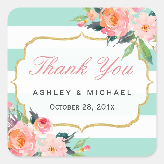 Adesivo Quadrado Mint Green Stripes Watercolor Floral Obrigado (Frente)