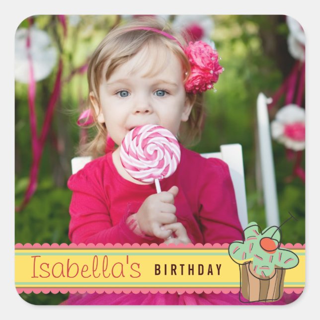 Adesivo Quadrado Mint Sweet Cherry Cupcake Foto Birthday Sticker (Frente)