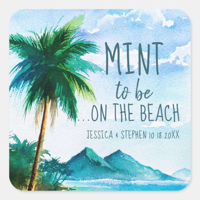 Adesivo Quadrado Mint to Be Favor Tropical Beach Weding (Frente)
