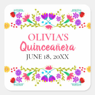 Adesivo Quadrado Mis Quince Anos Coloridos Flores de Festa Mexicana