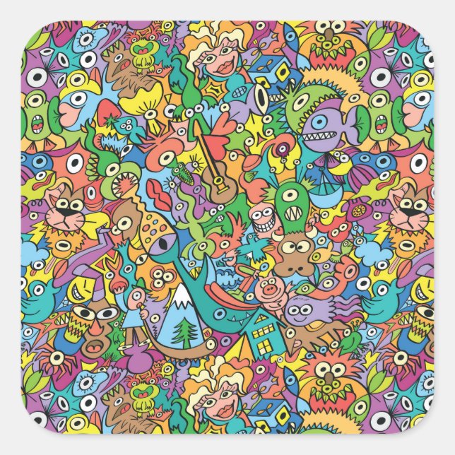 Adesivo Quadrado Mistura de rabiscos engraçados em um padrão carnav (Frente)