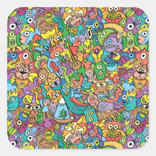 Adesivo Quadrado Misturar rabiscos engraçados em um padrão carnav