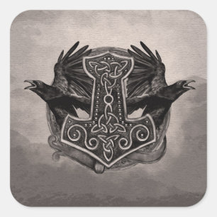 Adesivo Quadrado Mjolnir O martelo de Thor e ravens