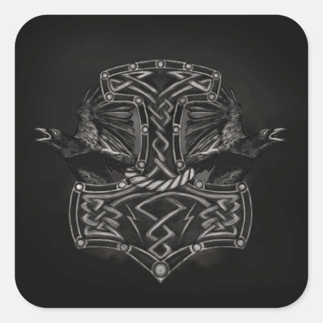 Adesivo Quadrado Mjolnir - o martelo do Thor e dos corvos (Frente)