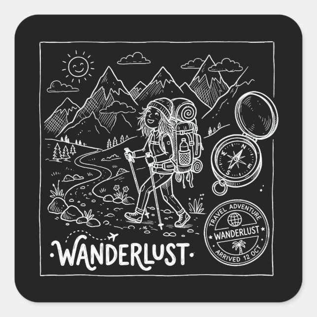 Adesivo Quadrado Mochileiro Doodle Wanderlust (Frente)