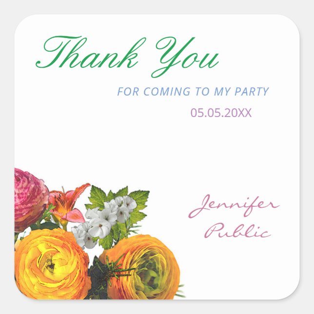 Adesivo Quadrado Modelo de agradecimento aquarela flores rosas Scri (Frente)