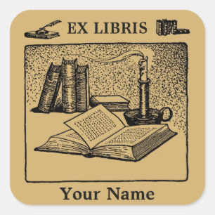 Adesivo Quadrado Modelo de Livro de Ex Libris com Vela, Caneta e Ti