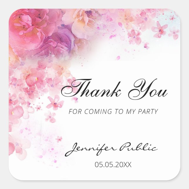 Adesivo Quadrado Modelo de Rótulo Manuscrito Flores Aquarela Obriga (Frente)