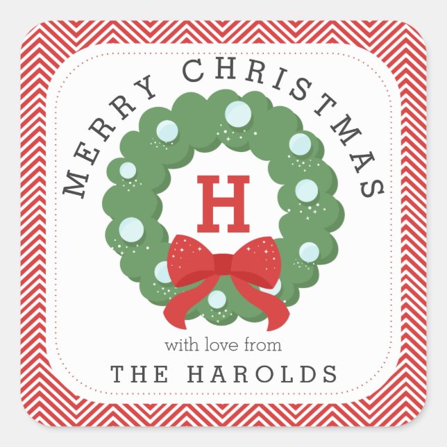 Adesivo Quadrado Modern Chevron Merry Christmas Wreath Monogramed (Frente)