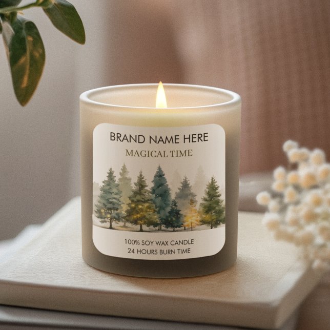Adesivo Quadrado Modern Christmas Pine Trees Candle Label (Criador carregado)