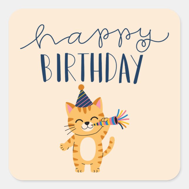 Adesivo Quadrado Modern Classic Simple Happy Birthday Cat (Frente)