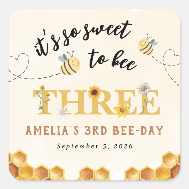 Adesivo Quadrado Modern Cute É tão doce ser o terceiro aniversário (Frente)