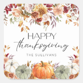 Adesivo Quadrado Modern Floral Pumpkin Rustic Happy Thanksgiving 