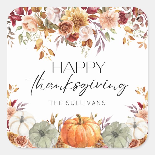 Adesivo Quadrado Modern Floral Pumpkin Rustic Happy Thanksgiving  (Frente)