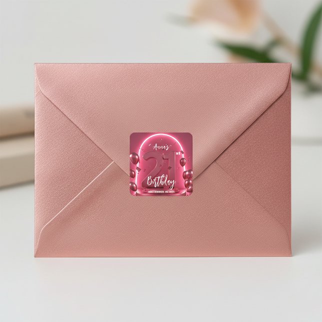 Adesivo Quadrado Modern Glamour 21st Birthday Neon Arch & Balloons (Criador carregado)