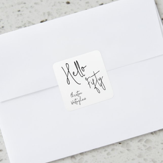 Adesivo Quadrado Modern Hello Fifty Script 50th Birthday Party  (Criador carregado)