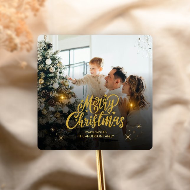 Adesivo Quadrado Modern Merry Christmas Family Photo (Modern Christmas Family Holiday Sticker)