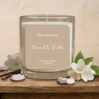 Adesivo Quadrado Modern Minimalist Beige Script Candle Label 