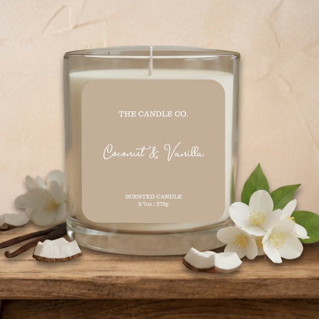 Adesivo Quadrado Modern Minimalist Beige Script Candle Label  (Criador carregado)