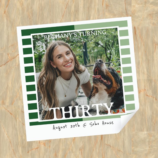 Adesivo Quadrado Modern Minimalist Striped 30th Birthday Photo (Celebrate the beginning of a new decade with this Modern Minimalist Striped 30th Birthday Sticker!)