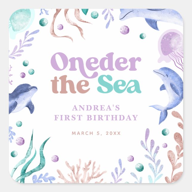Adesivo Quadrado Modern Oneder the Sea Dolphin Retro First Birday (Frente)