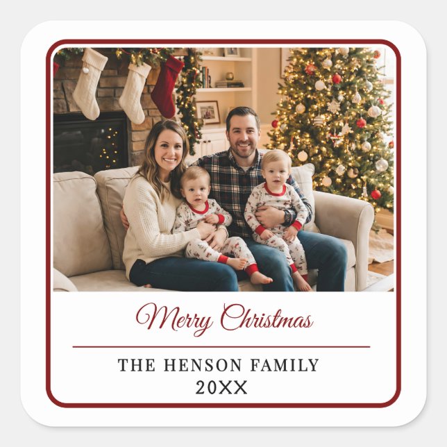 Adesivo Quadrado Modern Personalized Family Photo Merry Christmas  (Frente)