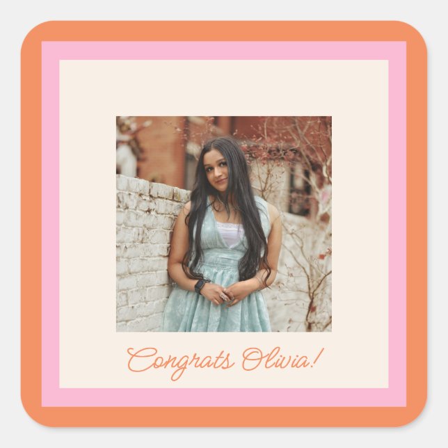 Adesivo Quadrado Modern Pink and Orange Border Photo Graduation (Frente)