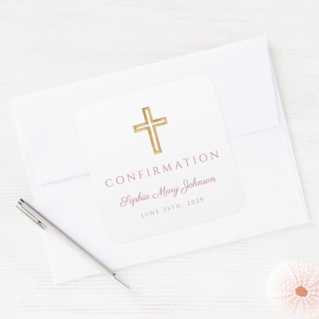 Adesivo Quadrado Modern Pink Religious Cross Boy Confirmation (Envelope)