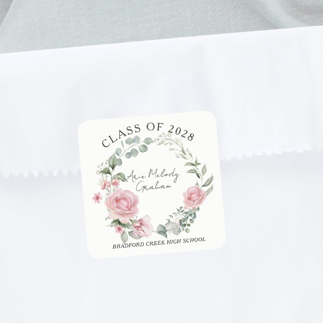 Adesivo Quadrado Modern Pink Roses Script Class of Graduation (Criador carregado)