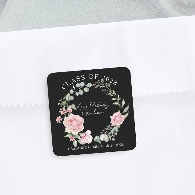 Adesivo Quadrado Modern Pink Roses Script Class of Graduation (Criador carregado)
