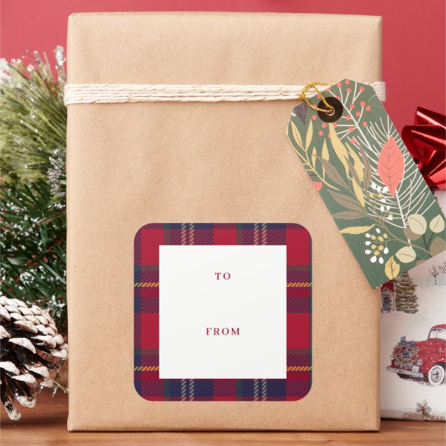 Adesivo Quadrado Modern Plaid Christmas Gift Tag  (Feriado)