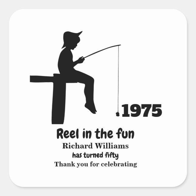 Adesivo Quadrado Modern Reel no Divertido Pescador 50º Aniversário (Frente)