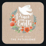 Adesivo Quadrado Modern Script Peace on Earth Christmas<br><div class="desc">Um bonito adesivo de presente de Natal com uma pomba em uma coroa floral com as palavras Paz na Terra. O adesivo de Natal é desenhado em kraft,  vermelho e branco. Personalize-o com o seu nome,  para os seus presentes de Natal este ano. Projetado para você pelo Blackberry Boulevard.</div>