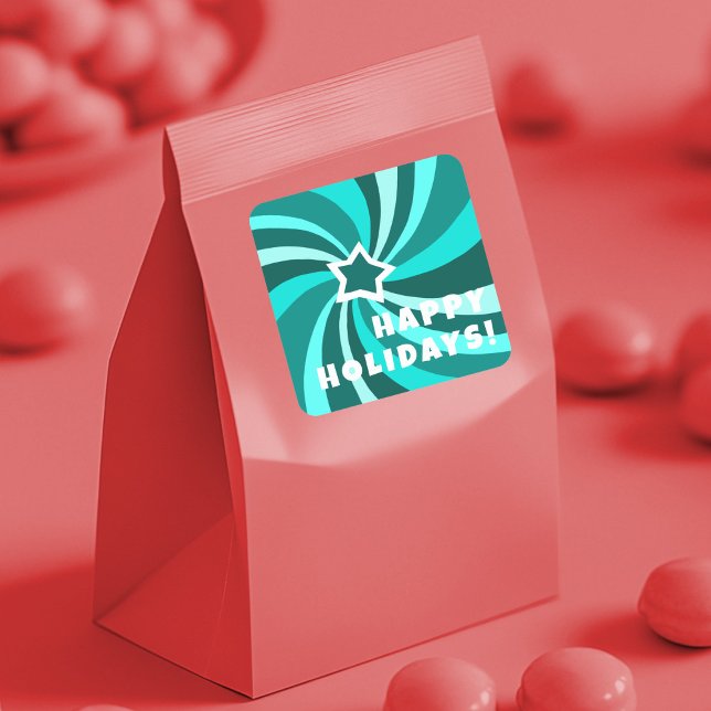 Adesivo Quadrado Modern Swirl HAPPY HOLIDAYS CUSTOM Green (Modern Swirl HAPPY HOLIDAYS CUSTOM Green Teal Christmas Square Sticker
)