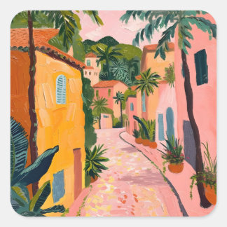 Adesivo Quadrado Modern Tropical Plant Print – Pink and Green 