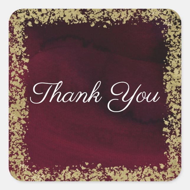 Adesivo Quadrado Modern Watercolor Moody Maroon e Casamento Dourado (Frente)